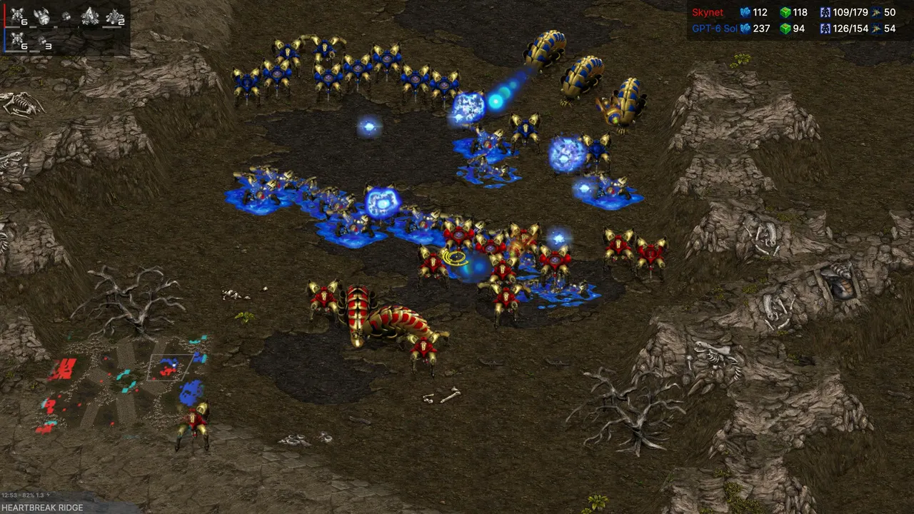 Montage of StarCraft Brood War matches played between LLM-written bots